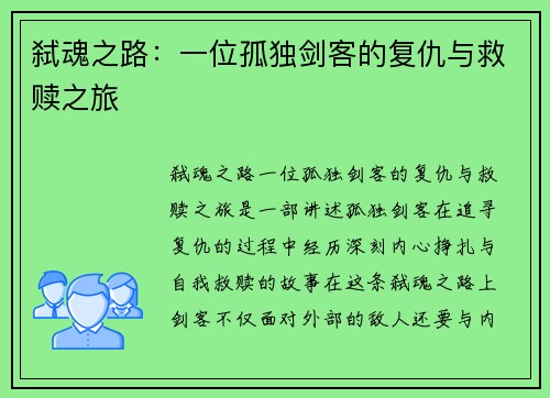 弑魂之路：一位孤独剑客的复仇与救赎之旅